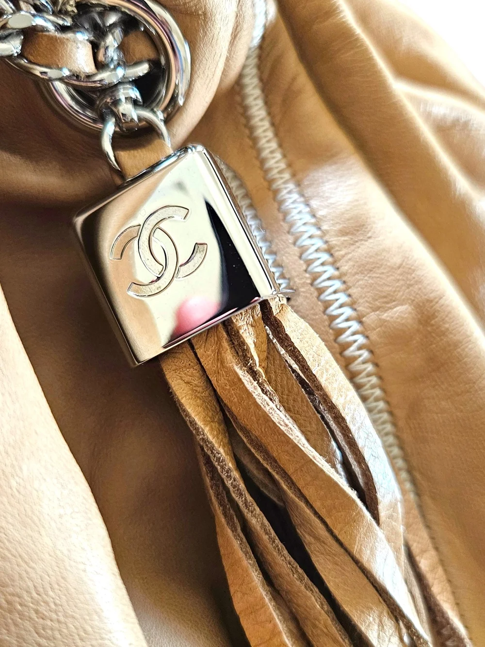 Chanel Reversible Sac Cordon Tan Leather Fringe Drawstring Chain Shoulder Bag